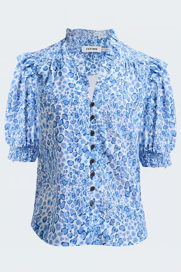Stella Silk Blouse In Blue Leopard Pansy Print