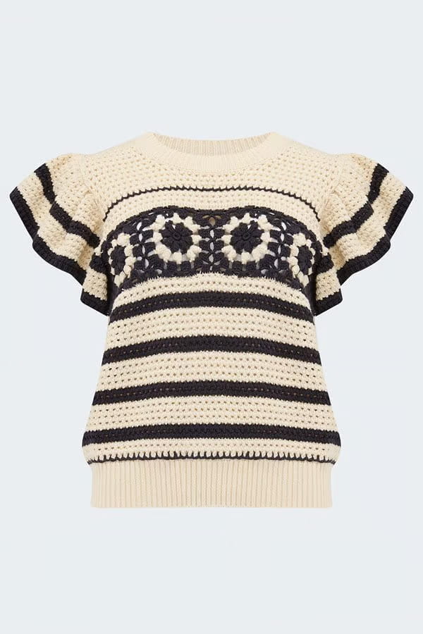 Penelope Knitted Vest In Oat Navy Crochet Stripe