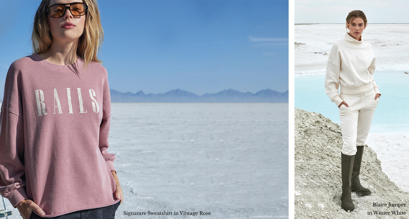 SIGNATURE SWEATSHIRT IN VINTAGE ROSE, BLAIRE JUMPER IN WINTER WHITE