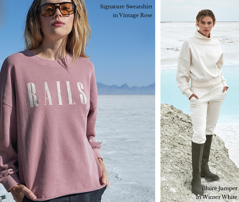 SIGNATURE SWEATSHIRT IN VINTAGE ROSE, BLAIRE JUMPER IN WINTER WHITE