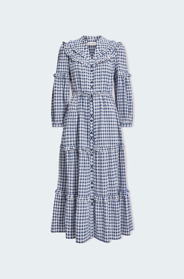 ganni charron dress serenity blue Ganni BLUE FLORAL CRINKLED SATIN LONG DRESS – Shop at the Mix main image 1