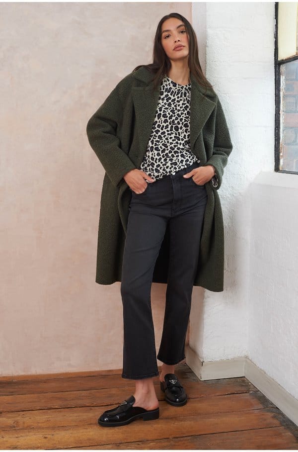 dropped shoulder coat in mossy green