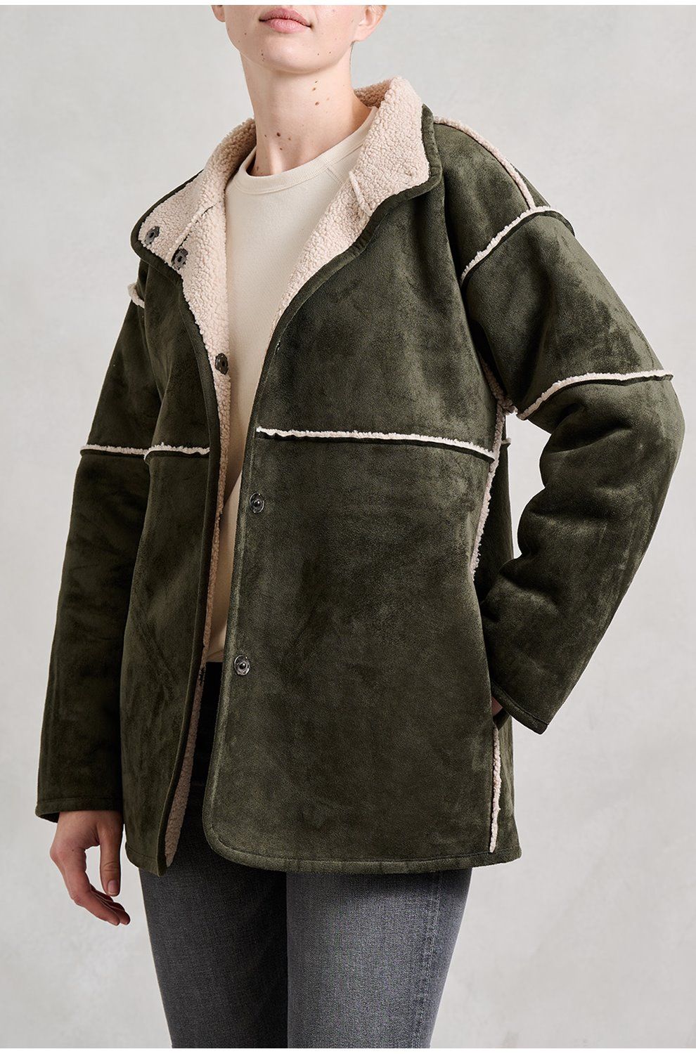 Khaki shearling jacket hotsell