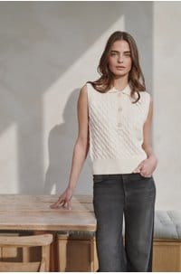 cable polo vest in cream