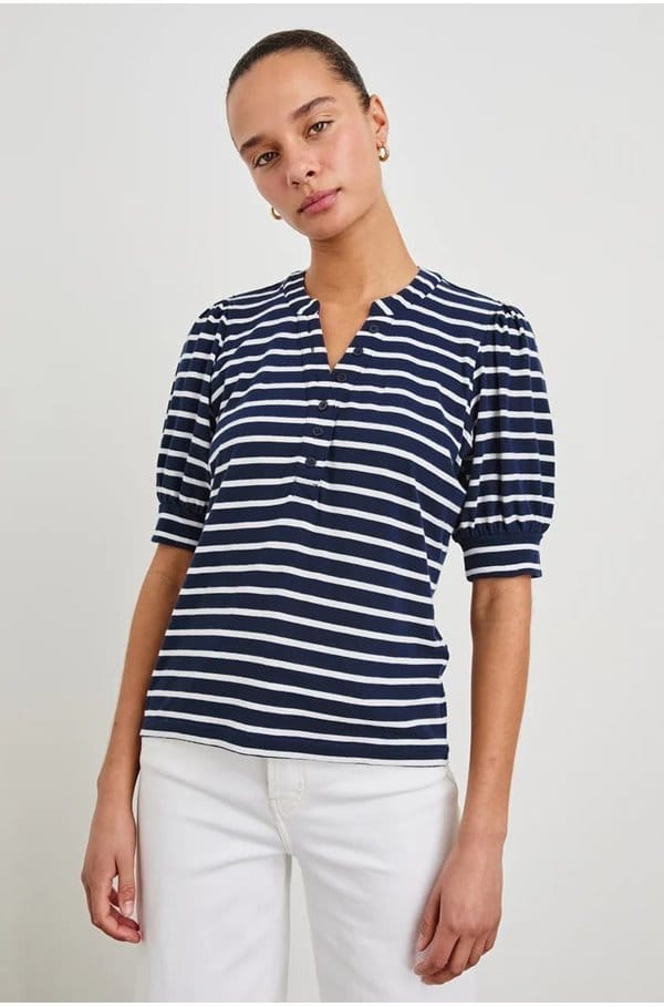 jewel top in navy ivory stripe