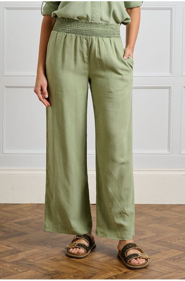 smocked waist wide pant in olive grove