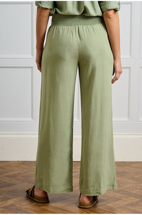 smocked waist wide pant in olive grove