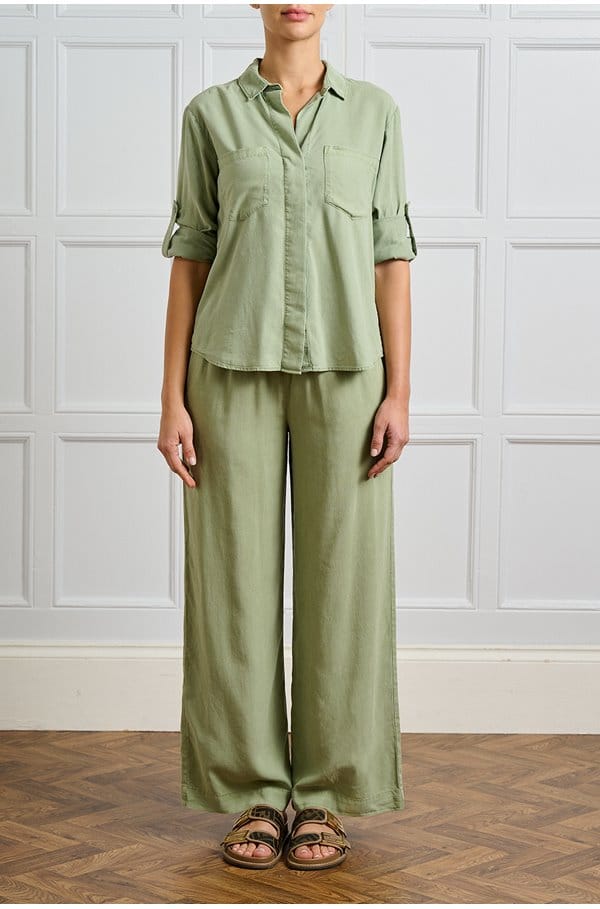 smocked waist wide pant in olive grove