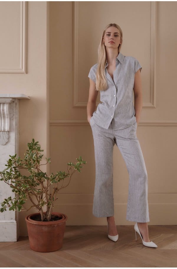 ticking stripe crop flare trouser in iris slate off white