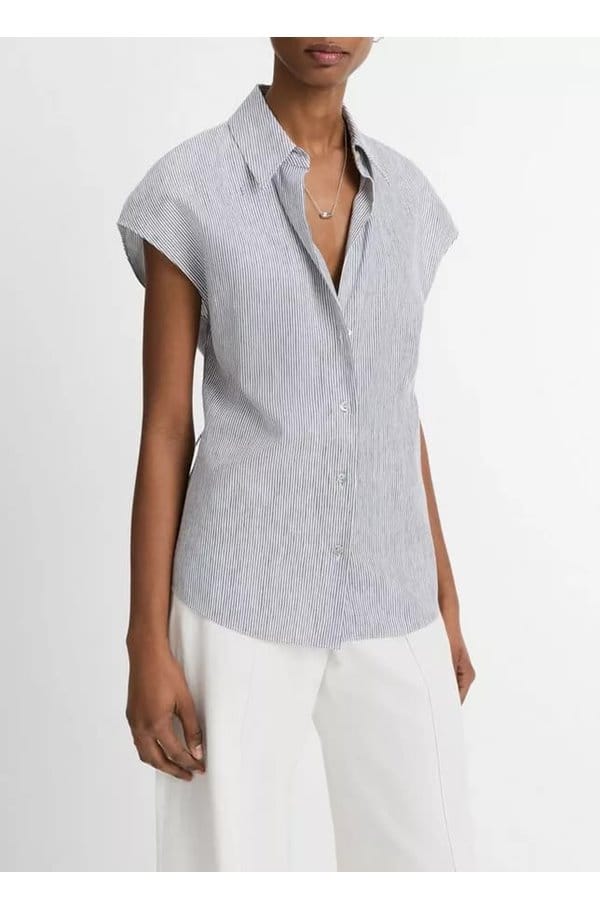 ticking stripe cap sleeve blouse in iris slate off white