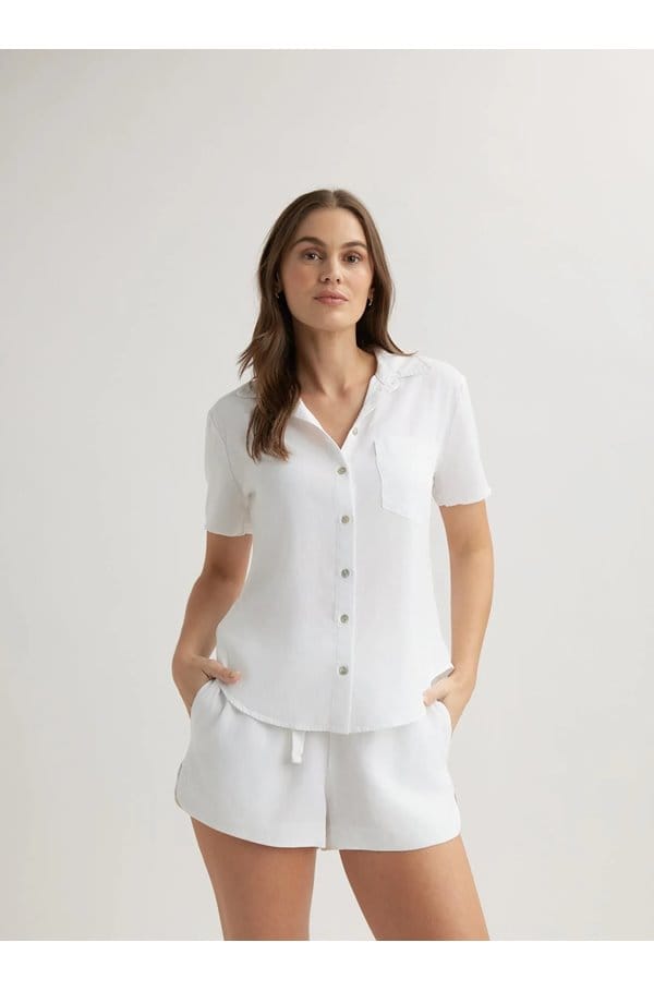 short sleeve pocket button down in white