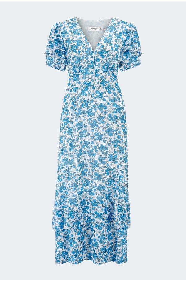 lotta gold metallic fil coupé dress in ecru blue paisley 
