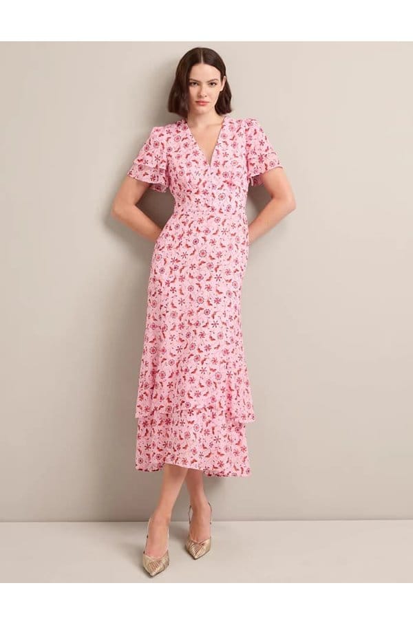 lotta gold metallic fil coupé dress in pink floral trellis print