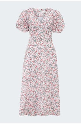 Elisa Midi Dress in Red Trailing Feather Print