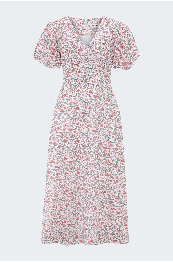 elisa midi dress in red trailing feather print