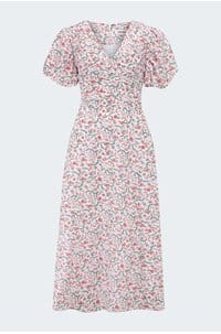 elisa midi dress in red trailing feather print