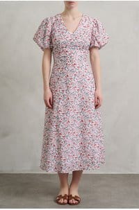 elisa midi dress in red trailing feather print