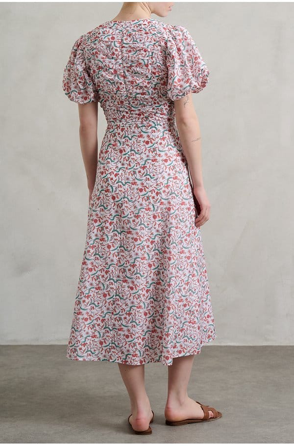 elisa midi dress in red trailing feather print