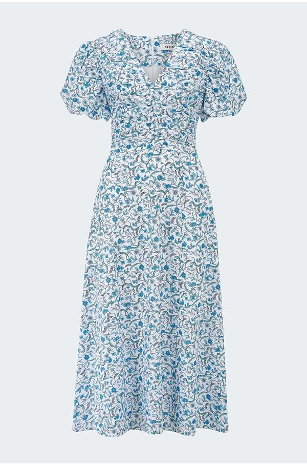 elisa midi dress in blue trailing feather print