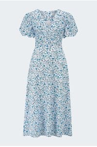 elisa midi dress in blue trailing feather print