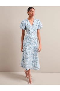 elisa midi dress in blue trailing feather print