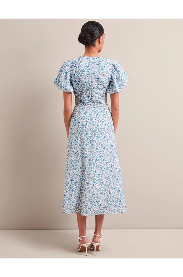 elisa midi dress in blue trailing feather print