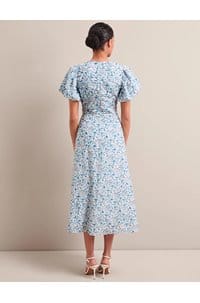 elisa midi dress in blue trailing feather print