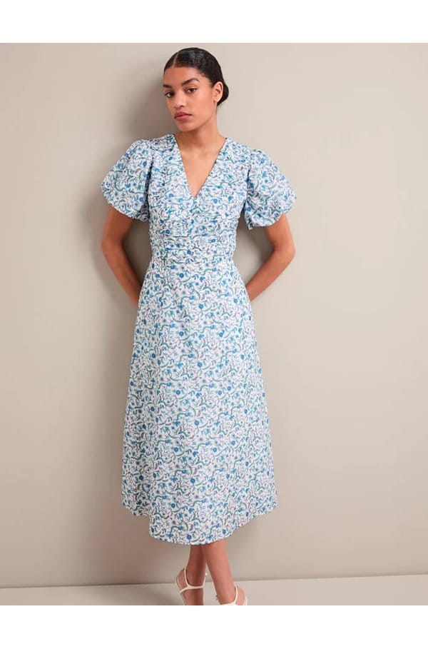 elisa midi dress in blue trailing feather print
