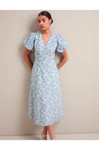 elisa midi dress in blue trailing feather print