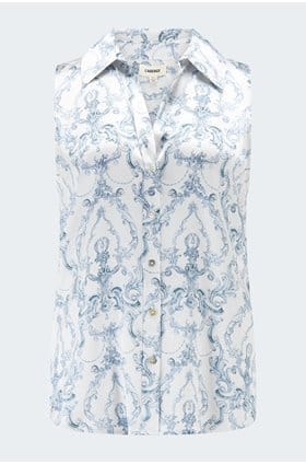 Emmy Sleeveless Blouse in Vintage White Blue Scroll Toile
