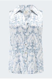 emmy sleeveless blouse in vintage white blue scroll toile