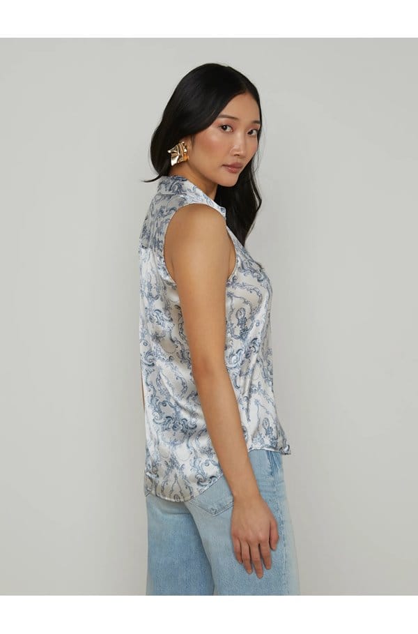 emmy sleeveless blouse in vintage white blue scroll toile
