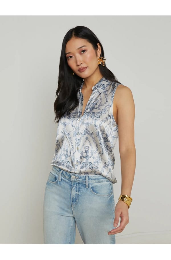 emmy sleeveless blouse in vintage white blue scroll toile
