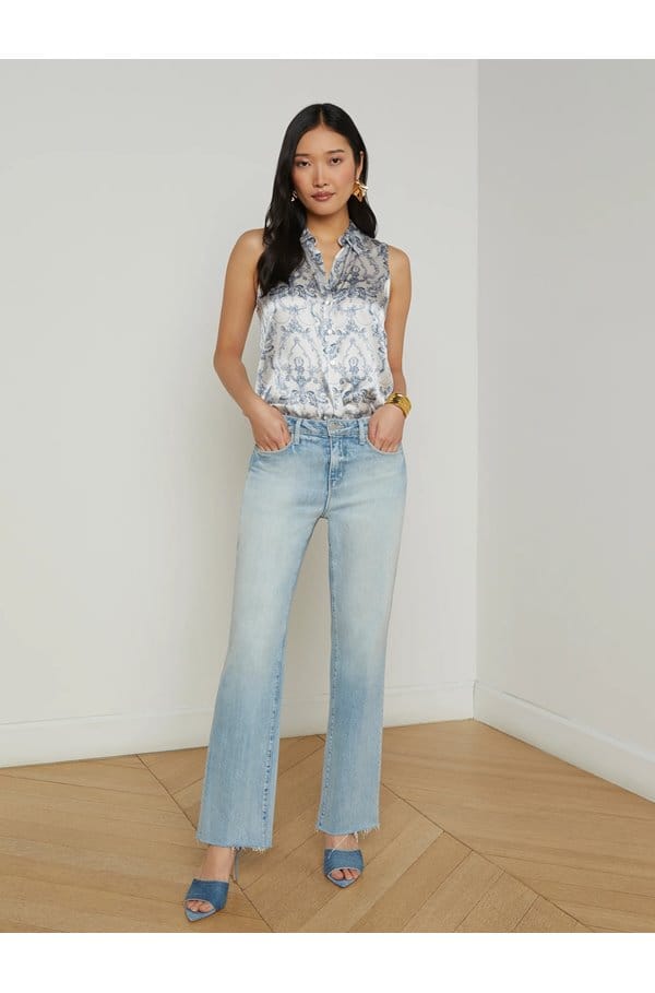 emmy sleeveless blouse in vintage white blue scroll toile