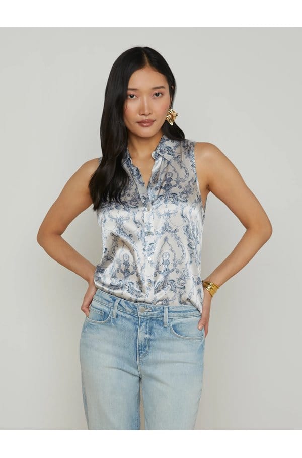 emmy sleeveless blouse in vintage white blue scroll toile