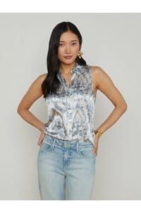 emmy sleeveless blouse in vintage white blue scroll toile