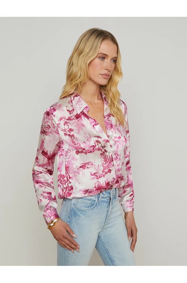 tyler long sleeve blouse in white pink toile