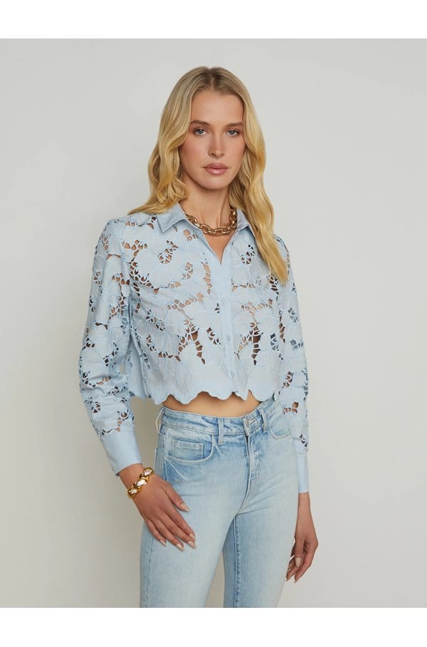 seychelle lace cropped blouse in blue fog