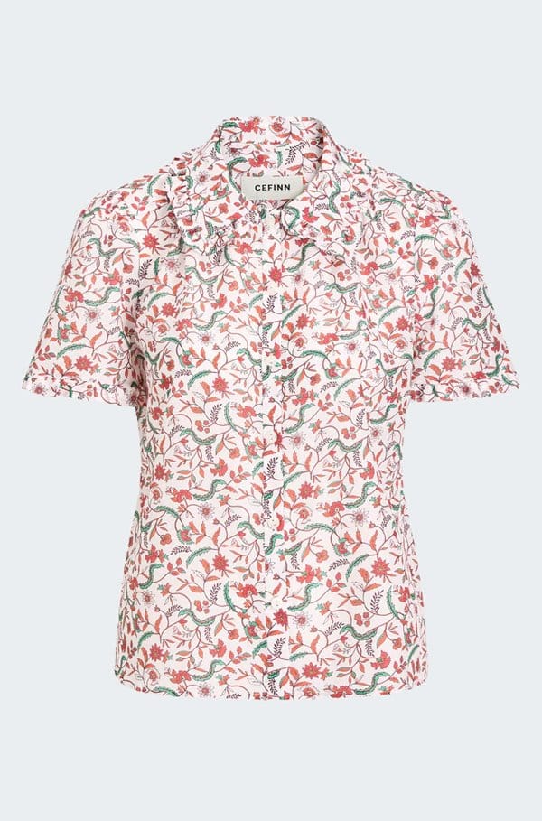 kitty blouse in red trailing feather print
