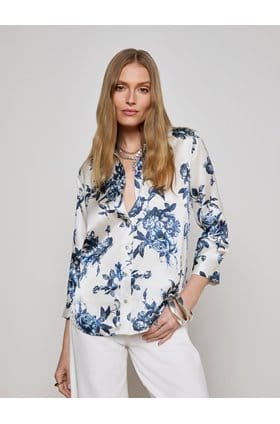 Dani Blouse in White Blue Painterly Floral