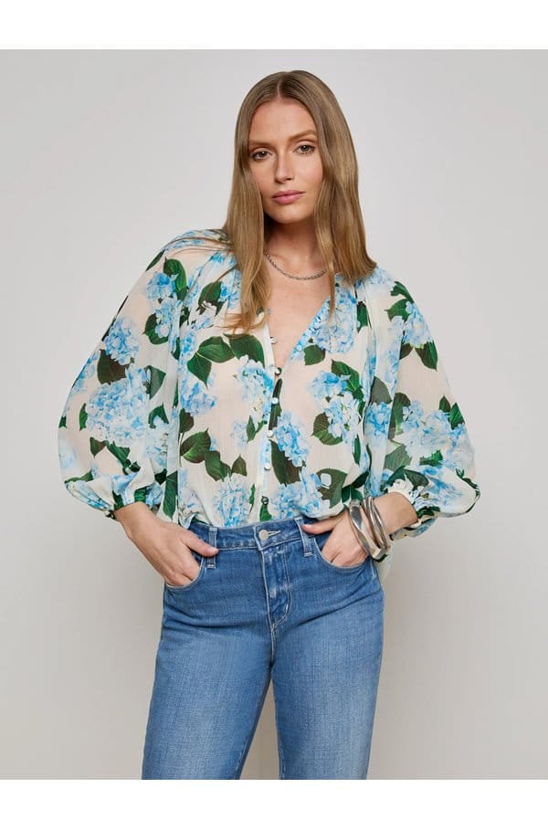 teagan blouse in ivory blue hydrangea