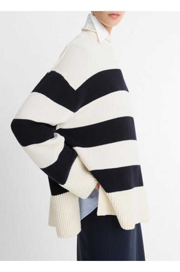 oversized striped roll neck jumper in coastal white