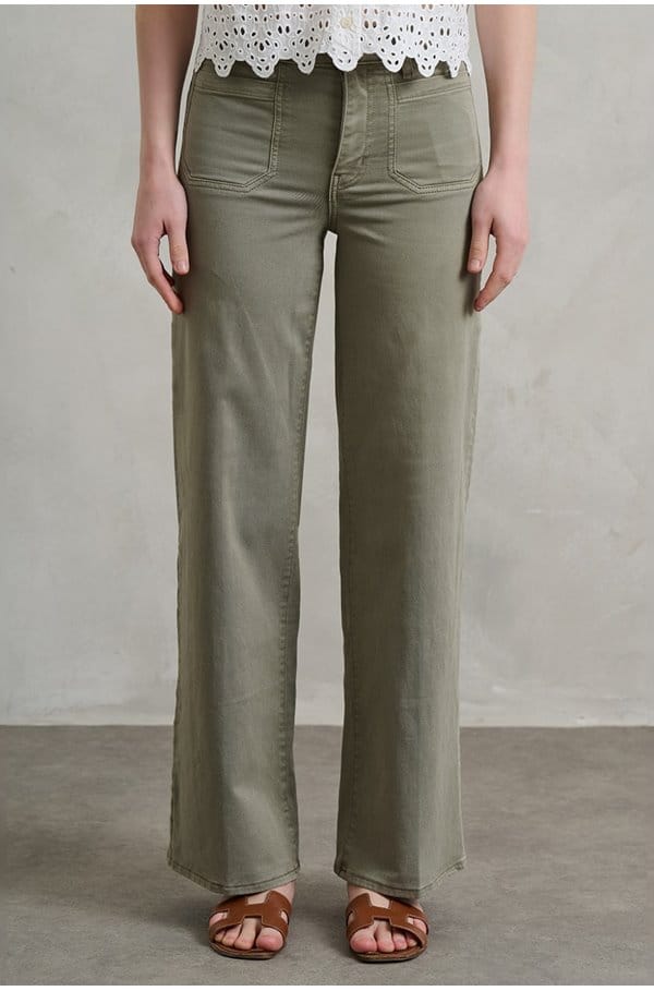 le slim palazzo in thyme with modernist pockets