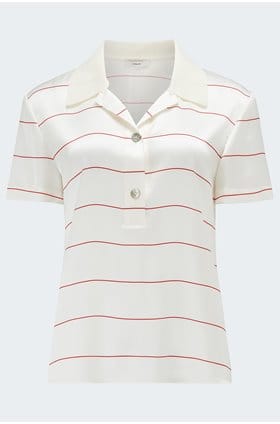 Knit Collar Stripe Polo in Cream Brick Rose