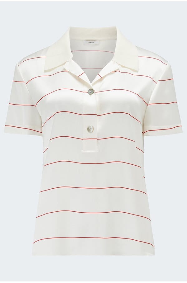 knit collar stripe polo in cream brick rose