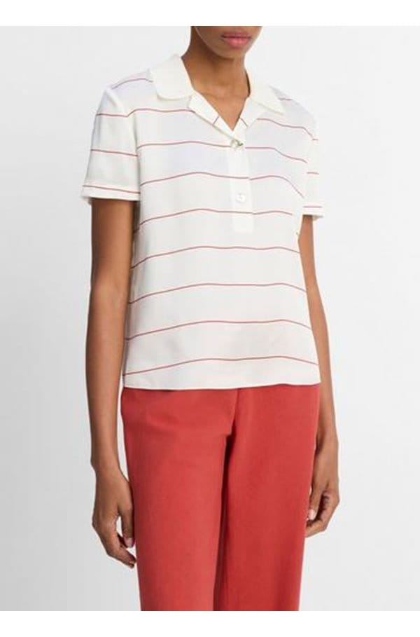 knit collar stripe polo in cream brick rose