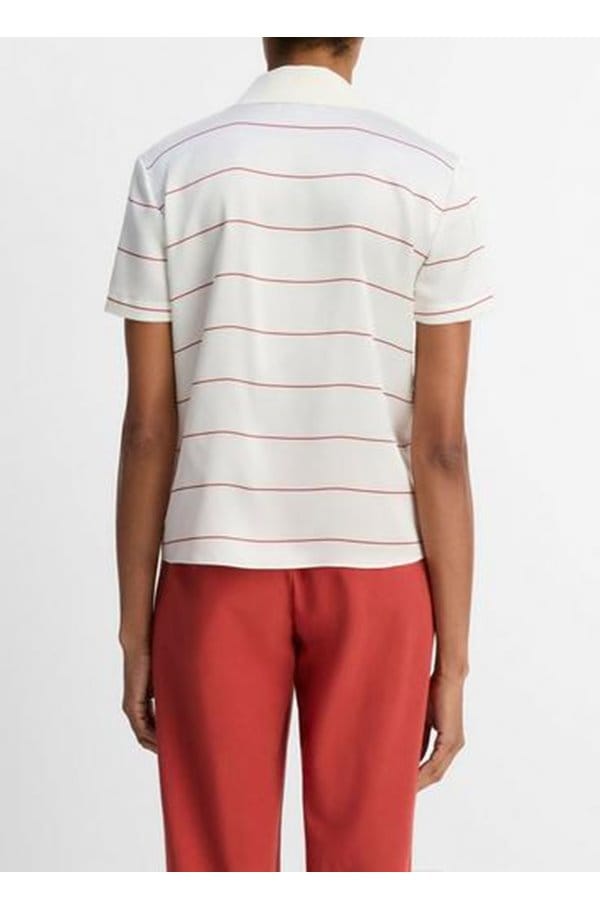 knit collar stripe polo in cream brick rose
