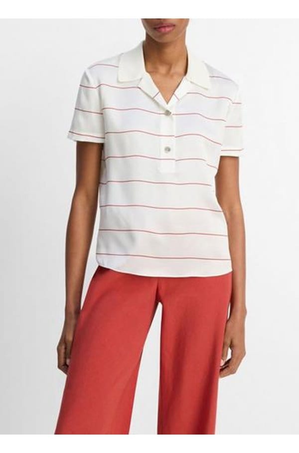 knit collar stripe polo in cream brick rose