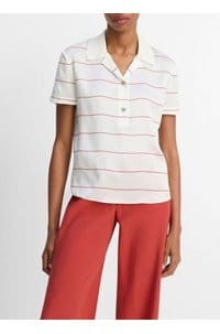 knit collar stripe polo in cream brick rose