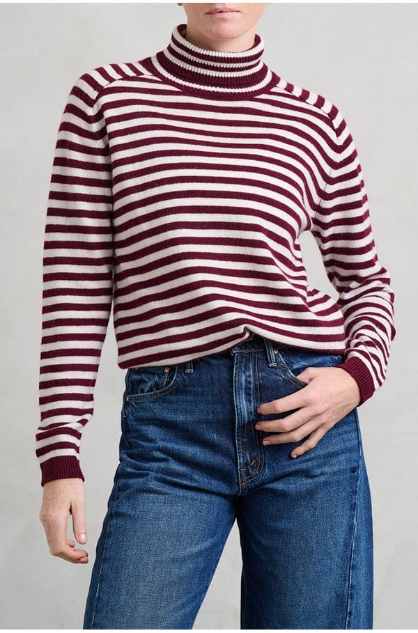 narrow stripe roll collar in endless passion cloud dancer